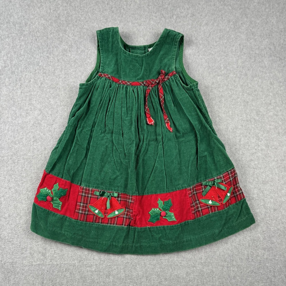 VTG Chantilly Place Dress Girls 4T Green Corduroy Christmas Jumper Holiday Y2K